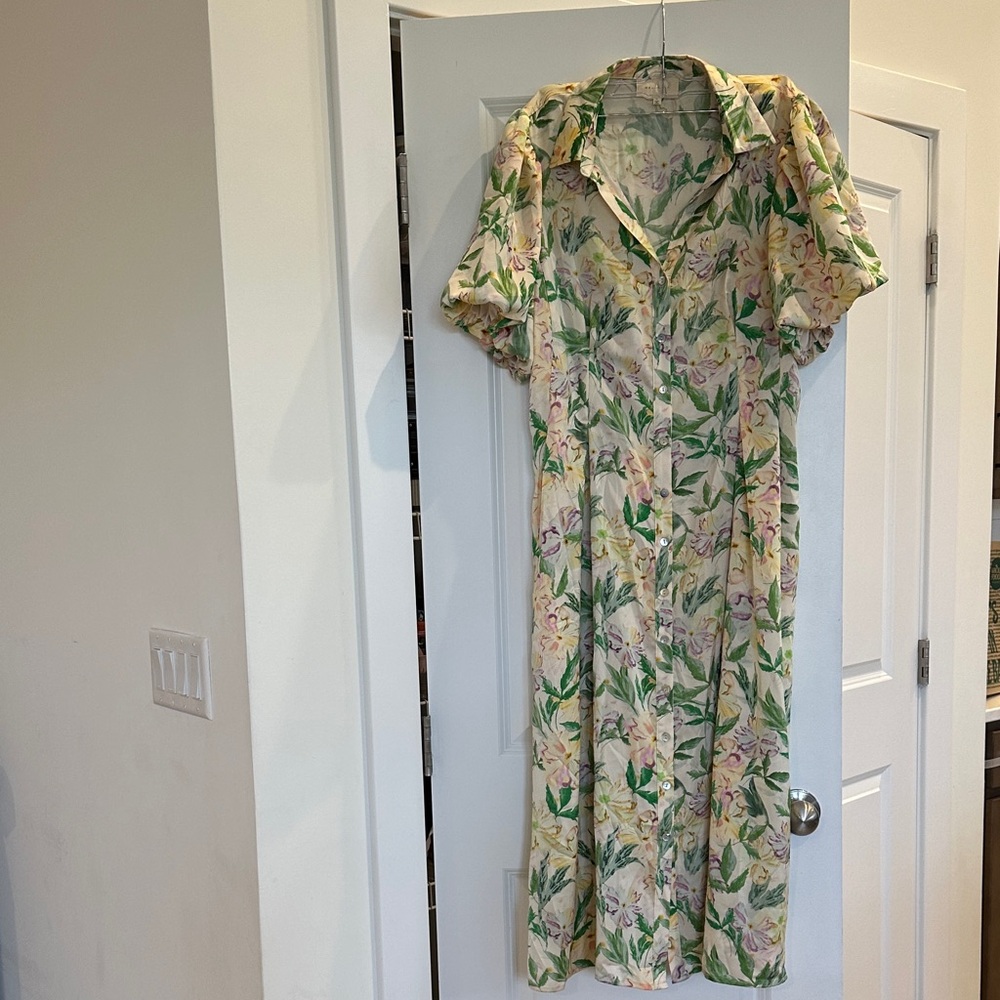 Melloday Floral Puff Sleeve Midi Dress | Size L | Green & Cream